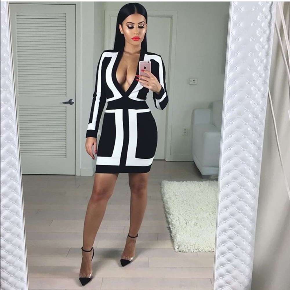 New V neck black&white Celebrity bandage dress